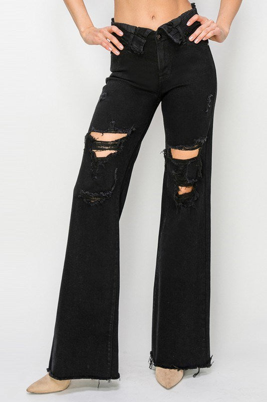 Folded Waist Distressed Wide Leg Jeans - Risen - RARA Boutique 