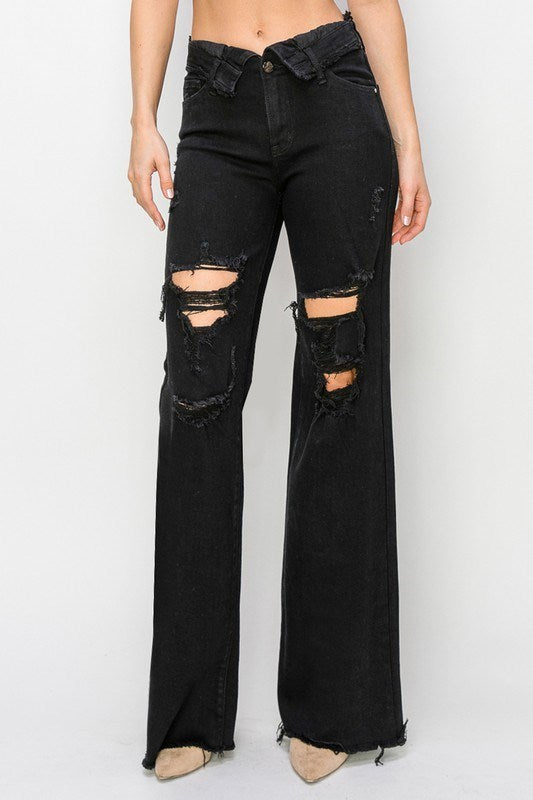 Folded Waist Distressed Wide Leg Jeans - Risen - RARA Boutique 