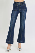 Dark Risen ankle flare jeans with patch pockets and front seam, styled for a casual look, by RARA Boutique.