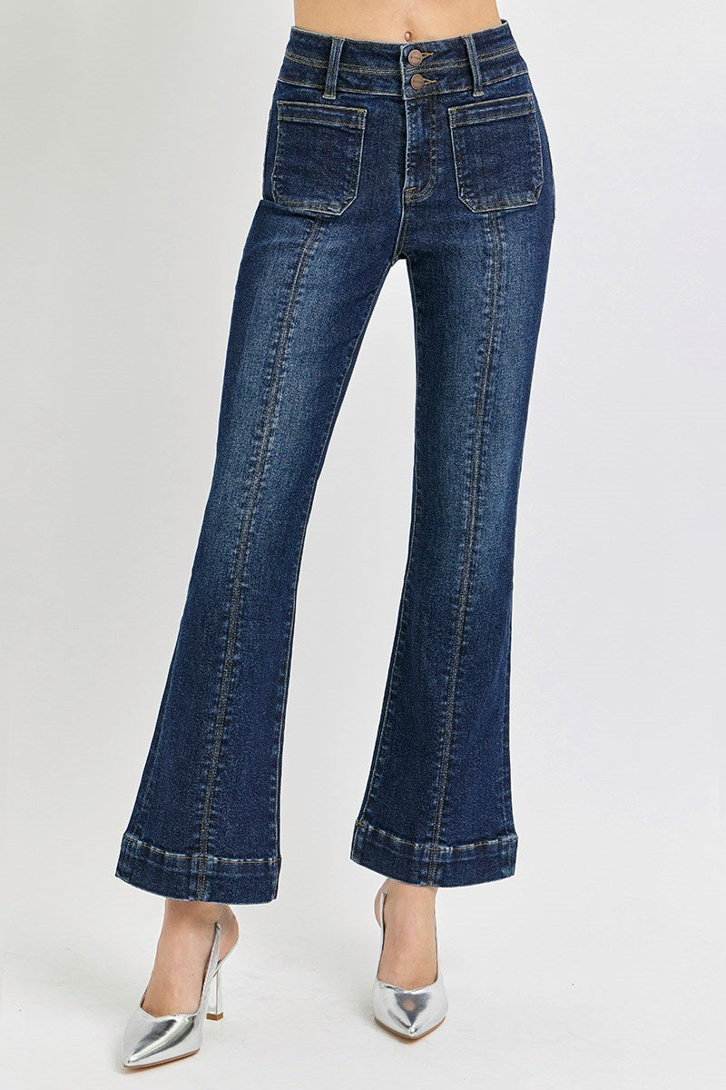 Dark Risen ankle flare jeans with patch pockets and front seam, styled for a casual look, by RARA Boutique.