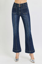 Dark Risen ankle flare patch pocket jeans with front seam and stylish fit, featuring classic denim texture.
