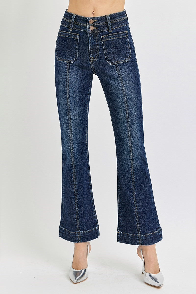 Dark Risen ankle flare patch pocket jeans with front seam and stylish fit, featuring classic denim texture.