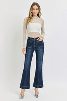Dark Risen ankle flare jeans with patch pockets and front seam detail, showcasing a stylish denim design.