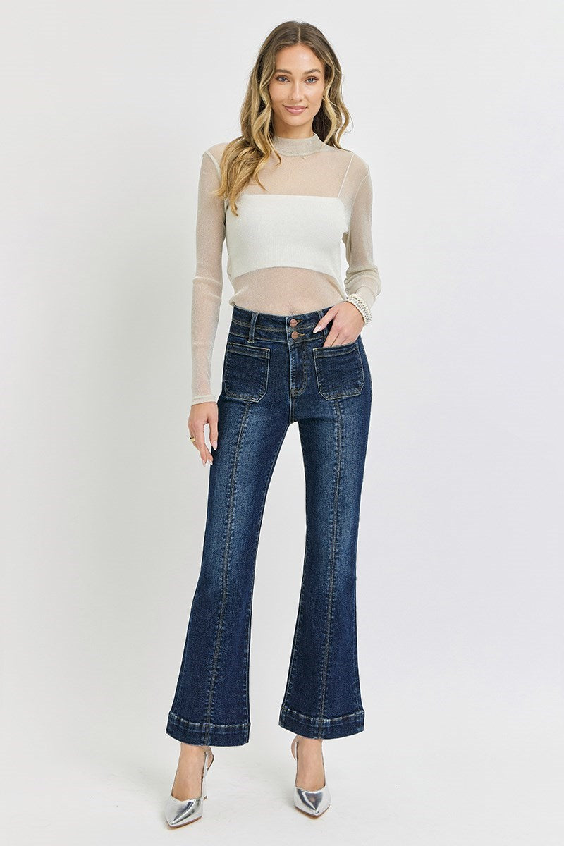 Dark Risen ankle flare jeans with patch pockets and front seam detail, showcasing a stylish denim design.