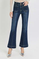 Dark ankle flare jeans with patch pockets and front seam detail from Risen, showcasing a fitted style and trendy design.