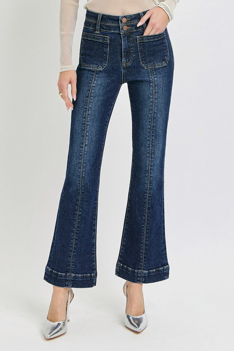 Dark ankle flare jeans with patch pockets and front seam detail from Risen, showcasing a fitted style and trendy design.