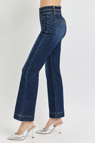 Dark Risen ankle flare patch pocket jeans with front seam, showcasing stylish denim and classic pocket detailing.