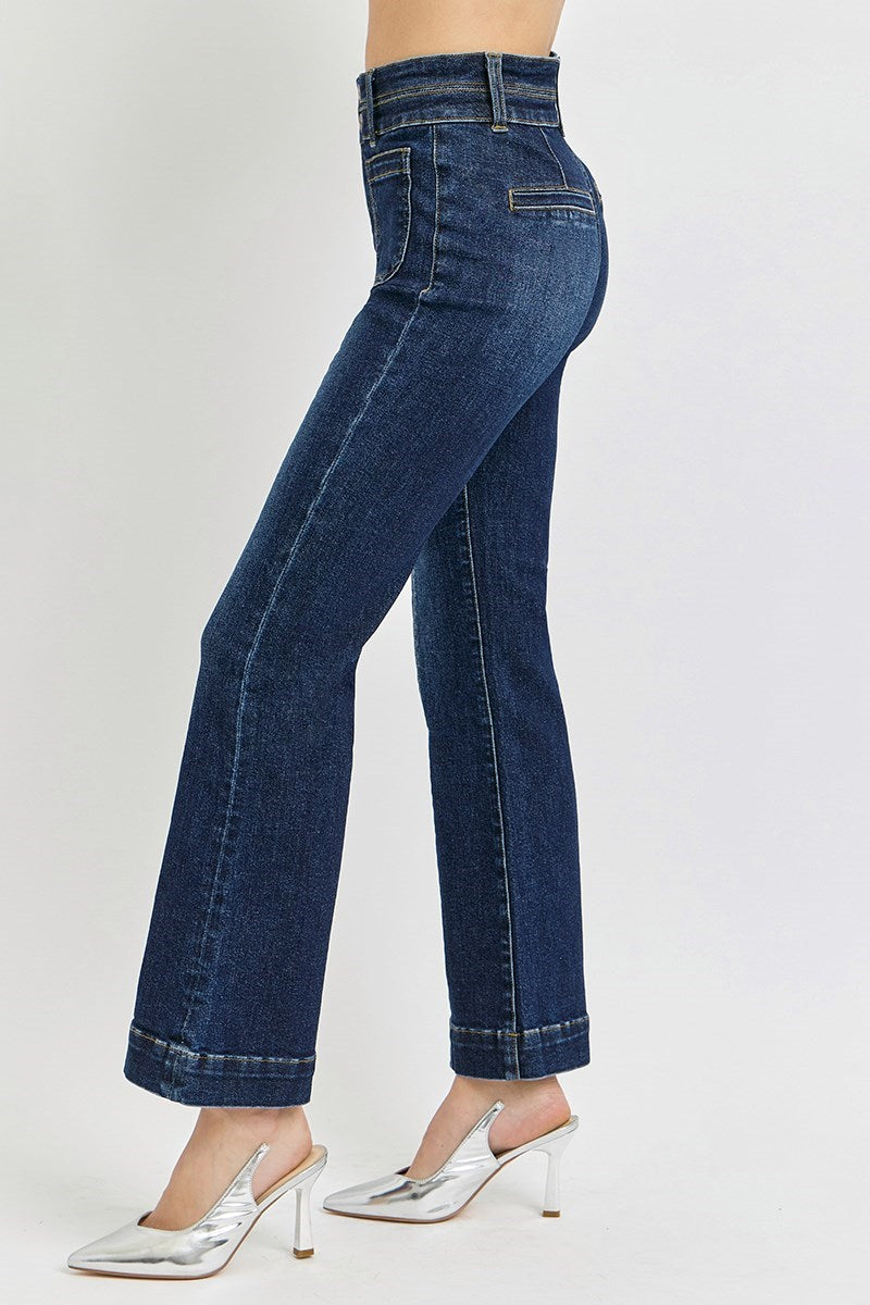 Dark Risen ankle flare patch pocket jeans with front seam, showcasing stylish denim and classic pocket detailing.