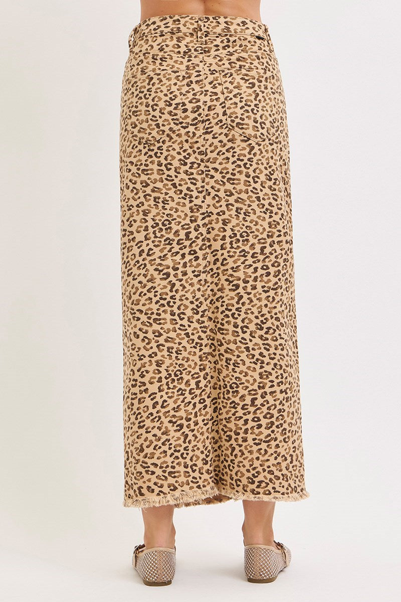 Leopard Print Denim Maxi Skirt with Front Slit - Risen - RARA Boutique 