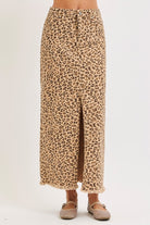 Leopard Print Denim Maxi Skirt with Front Slit - Risen - RARA Boutique 