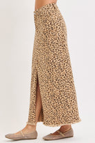 Leopard Print Denim Maxi Skirt with Front Slit - Risen - RARA Boutique 