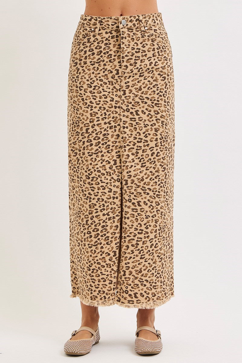 Leopard Print Denim Maxi Skirt with Front Slit - Risen - RARA Boutique 