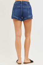 Dark Risen layered double hem front seam denim shorts, stylish cut, with distressed details and raw edges, by RARA Boutique.
