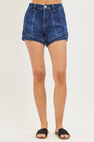 Dark denim layered double hem front seam shorts by Risen, featuring stylish design and front seam detailing.