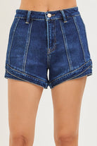 Dark denim layered double hem front seam shorts by Risen, featuring a stylish front-seam design and layered hem detail.