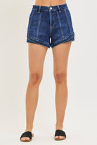 Dark denim layered double hem front seam shorts by Risen, featuring a stylish front seam and layered hem design.