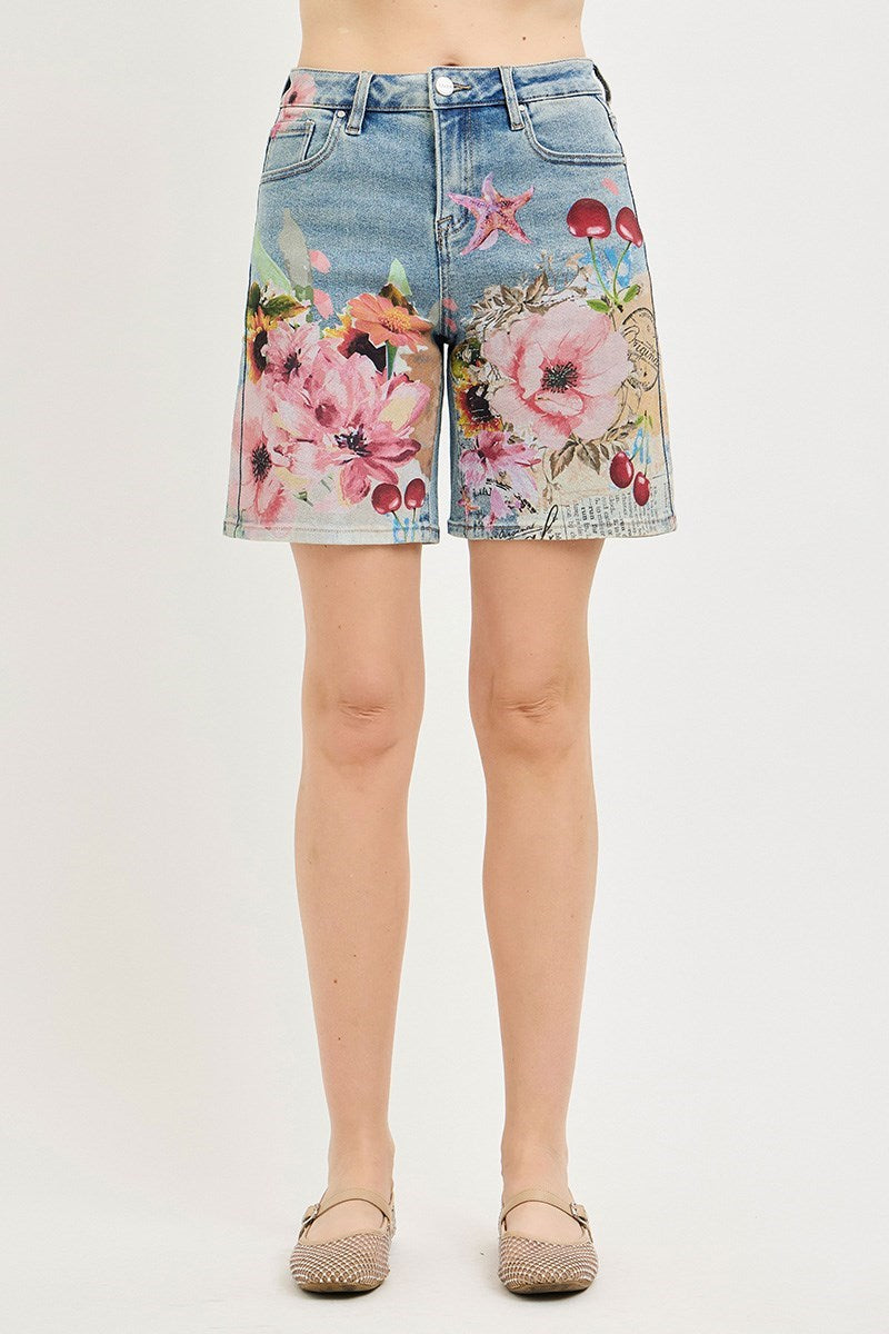 Artsy floral collage print wide-leg denim shorts by Risen featuring casual, stylish design with a relaxed fit and floral details.