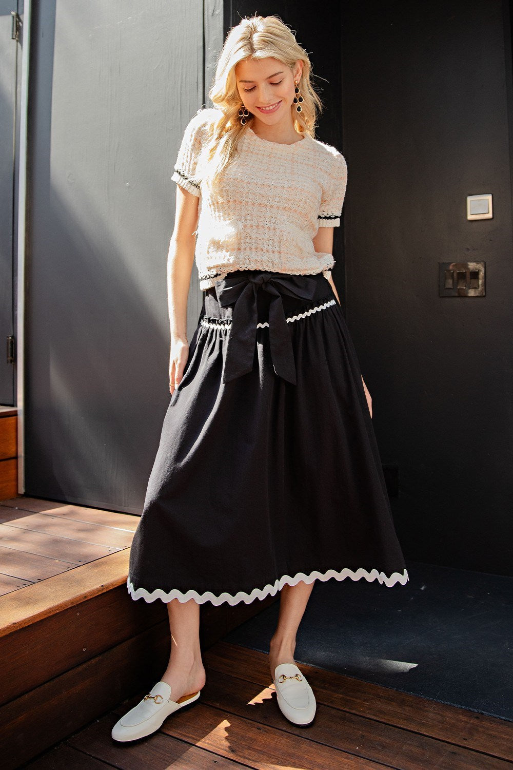 Bow Front Ric Rac Trim A-Line Midi Skirt - eesome- Final