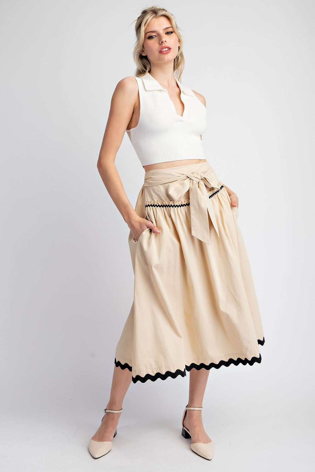Bow Front Ric Rac Trim A-Line Midi Skirt - eesome- Final