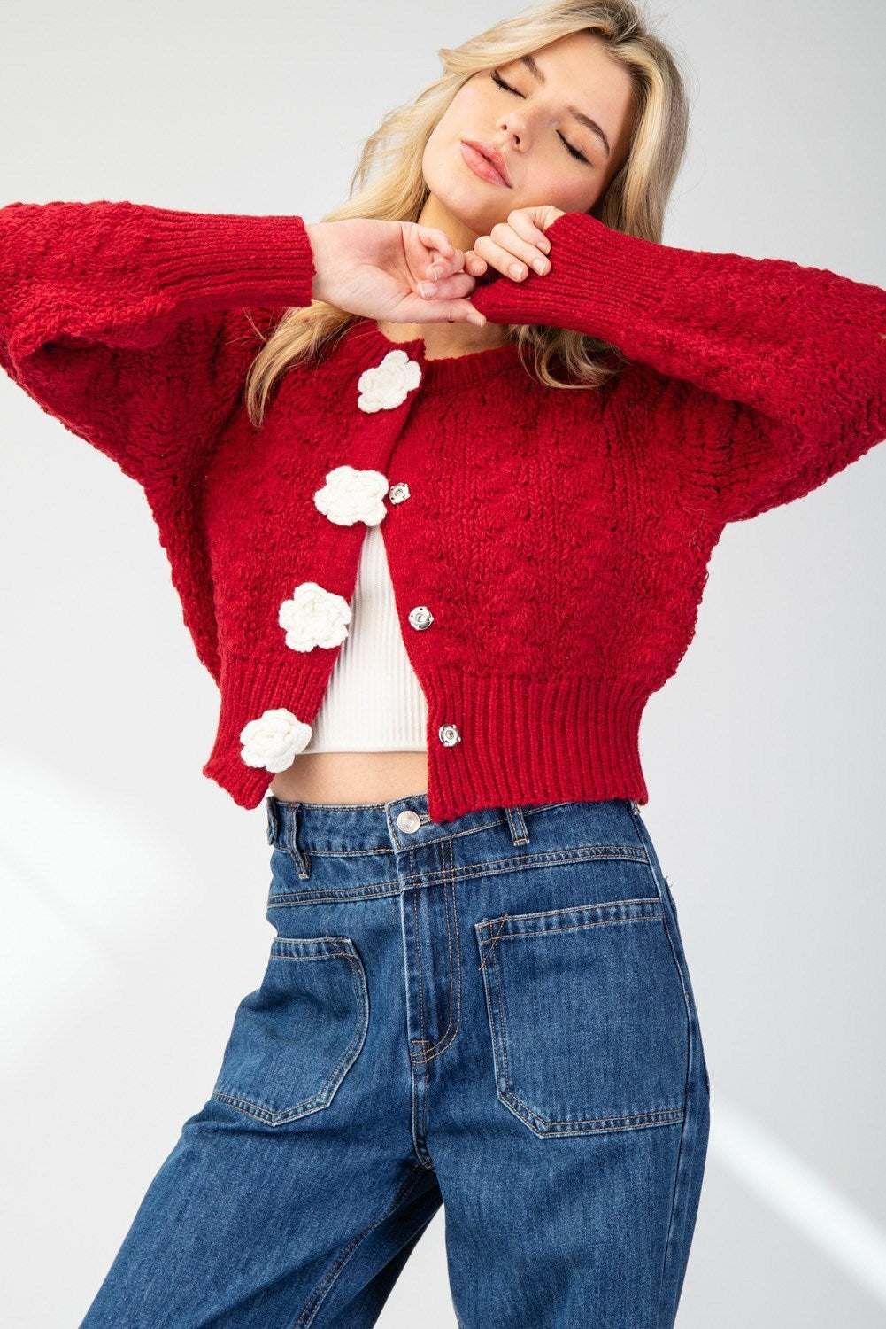 3D Flower Button Cropped Sweater Cardigan - eesome - RARA Boutique 