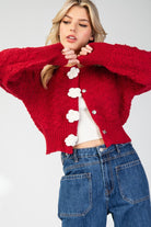 3D Flower Button Cropped Sweater Cardigan - eesome - RARA Boutique 