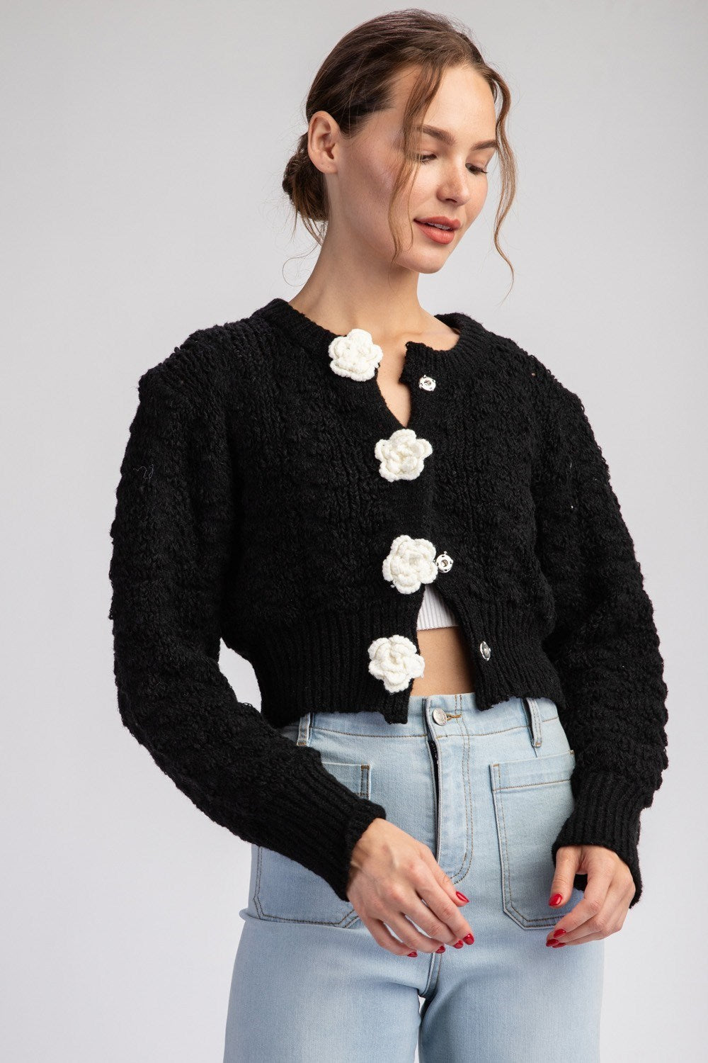 3D Flower Button Cropped Sweater Cardigan - eesome - RARA Boutique 