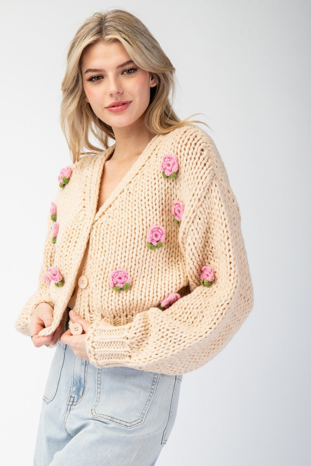 3D Rose Knit Cropped Sweater Cardigan - eesome - RARA Boutique 