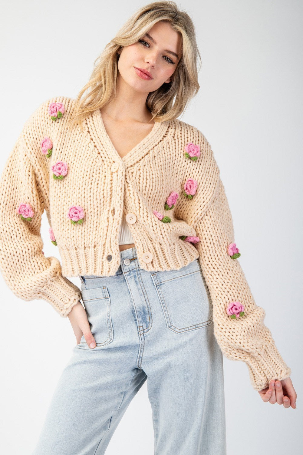 3D Rose Knit Cropped Sweater Cardigan - eesome - RARA Boutique 