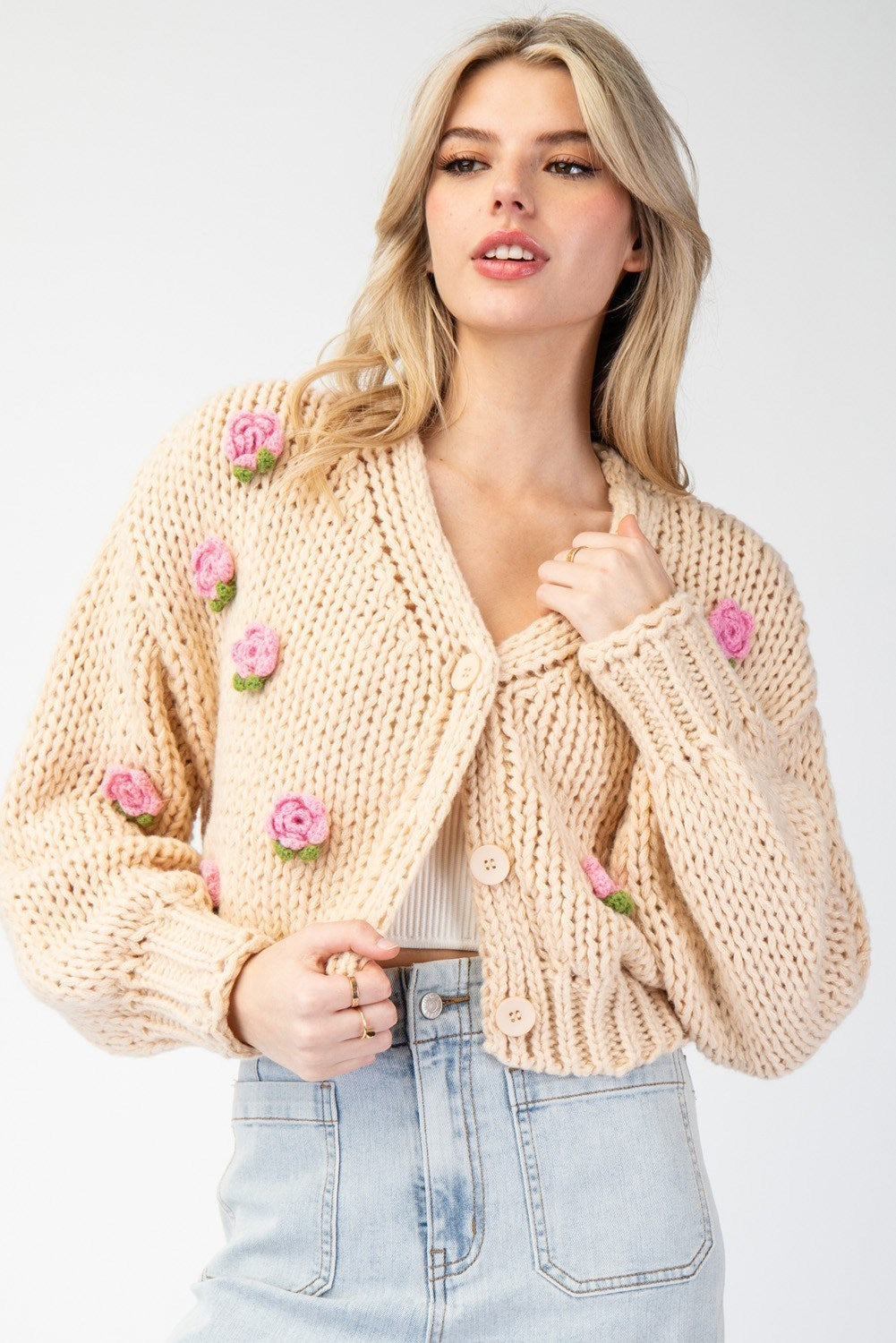 3D Floral Rose Knit Cropped Sweater Cardigan - eesome | RARA Boutique