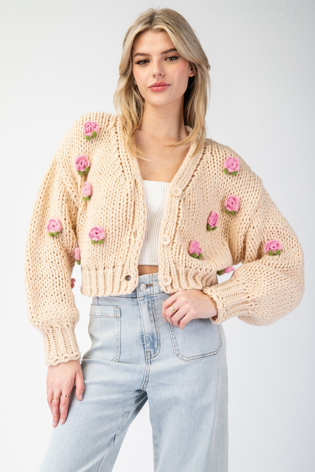3D Rose Knit Cropped Sweater Cardigan - eesome - RARA Boutique 