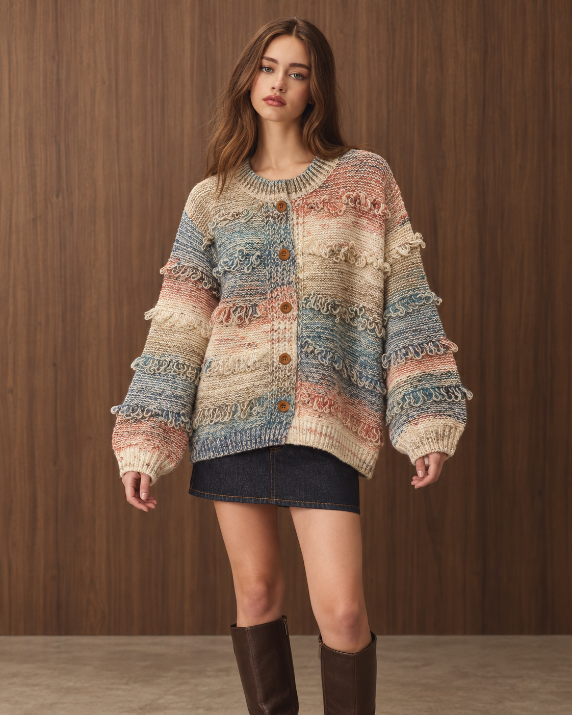 Multicolor textured fringe button-down cardigan sweater by RARA Boutique, featuring a stylish design and cozy fit.