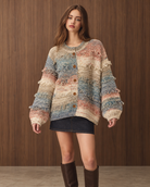 Multicolor textured fringe button-down cardigan sweater by RARA Boutique, featuring a stylish design and cozy fit.