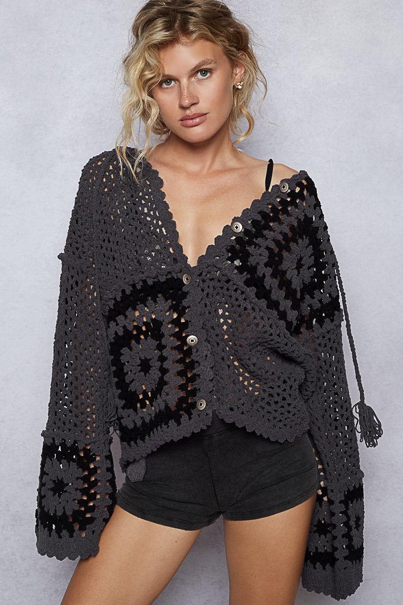 Crochet Square Chenille Hooded Cardigan with Wide Sleeves - POL - RARA Boutique 