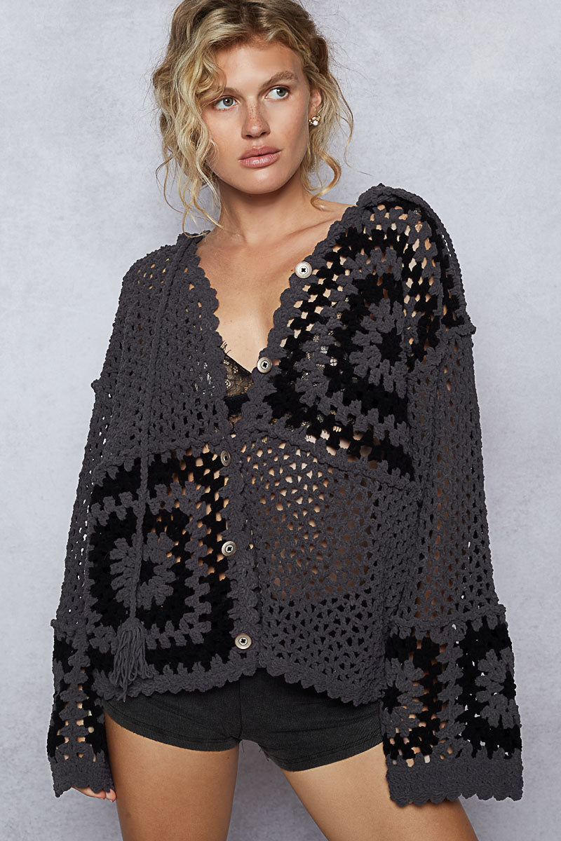 Crochet Square Chenille Hooded Cardigan with Wide Sleeves - POL - RARA Boutique 