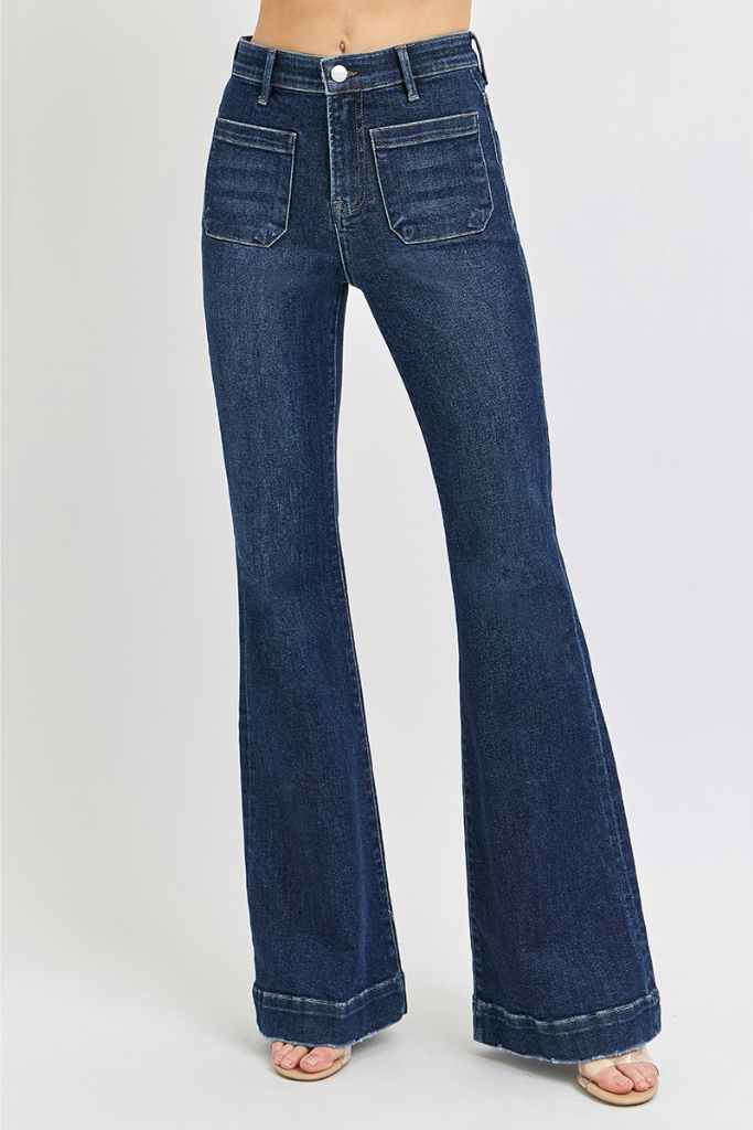 Square Patch Pocket Dark Wash Flare Jeans - Risen - RARA Boutique 