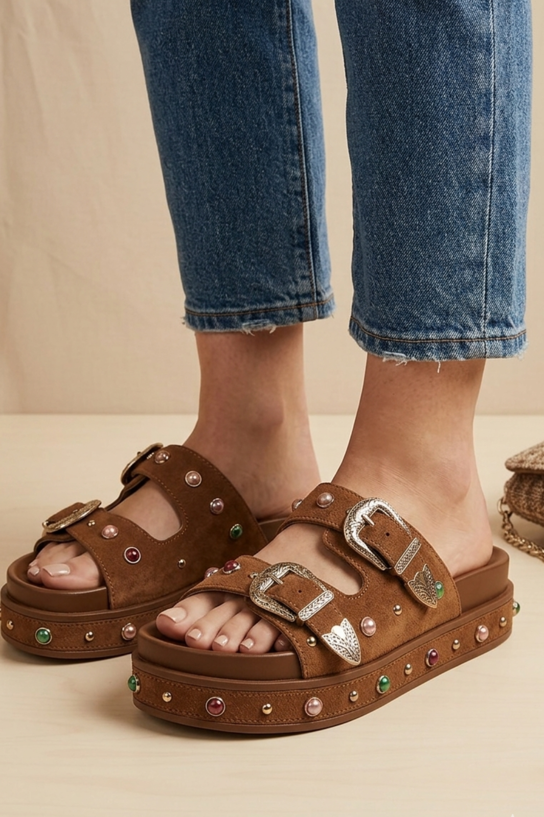 RARA Boutique studded double buckle platform slide sandals with chunky soles and edgy design, perfect for casual summer wear.