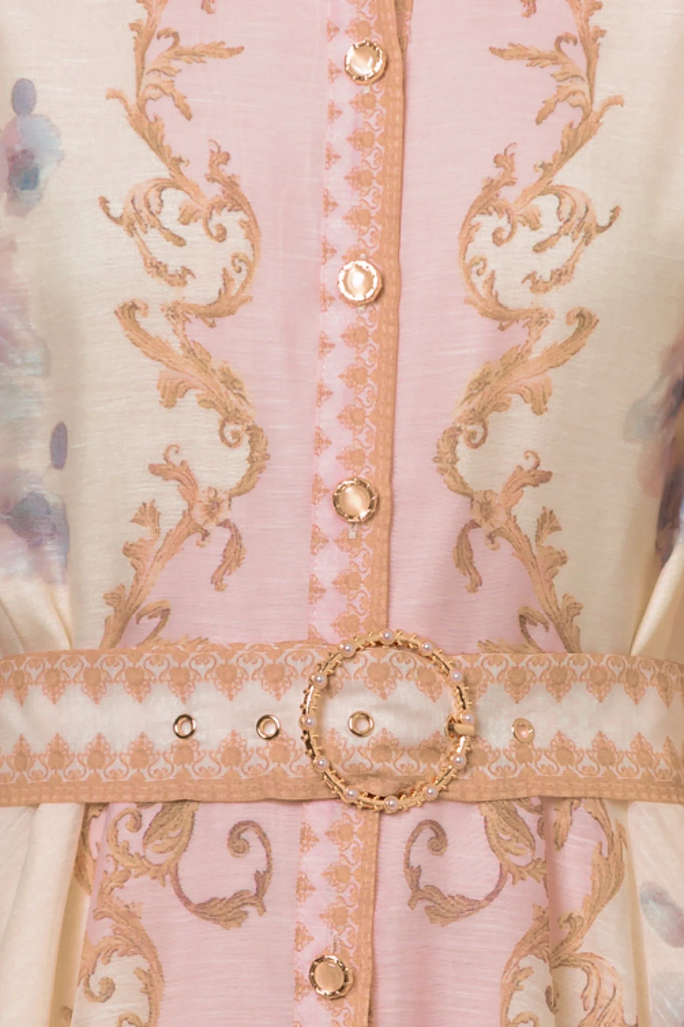 RARA Boutique Baroque scrollwork floral mini dress with pearl belt in baby pink, featuring intricate design and elegant details.