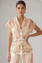 Peach watercolor floral baroque border blouse with button-down front and matching belt, stylish RARA Boutique women's top.