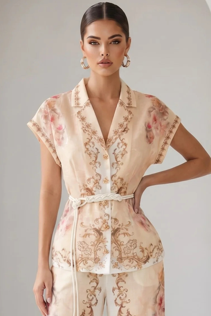 Peach watercolor floral baroque border blouse with button-down front and matching belt, stylish RARA Boutique women's top.