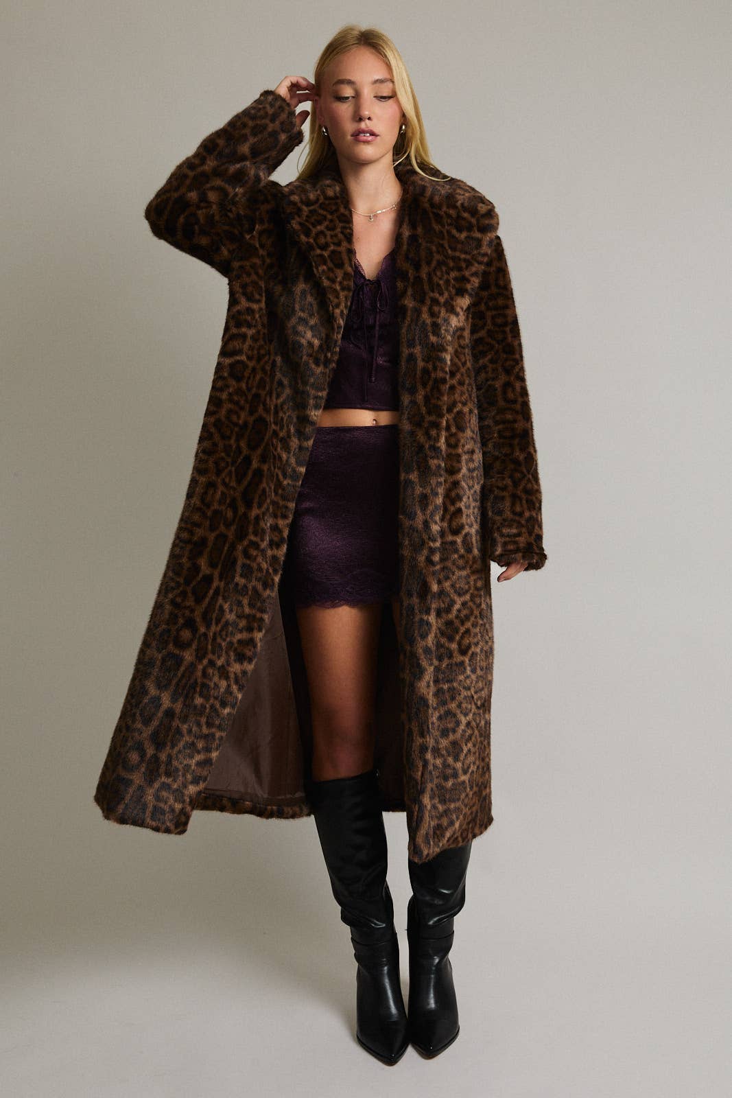 LE LIS faux fur long coat jacket showing plush texture and stylish design, ideal for cold weather wear.