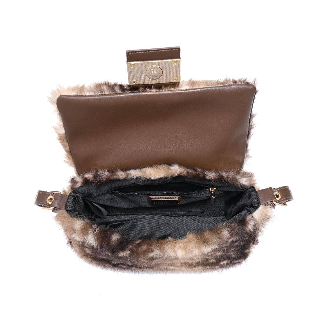 Urban Expressions Tuesday Beverly deer print fur crossbody bag with adjustable strap and gold-tone hardware on a plain background.