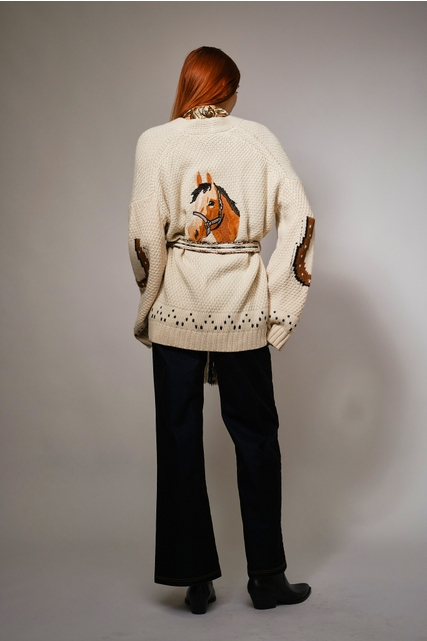 Western Horse & Horseshoe Belted Cardigan Sweater - Blue B - RARA Boutique 