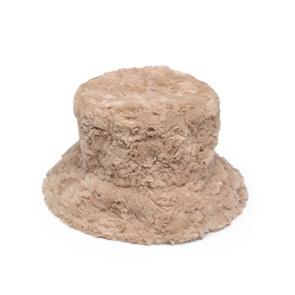 Urban Expressions faux fur bucket hat with plush, soft texture and stylish design, perfect for cold weather accessories.