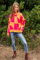 Wavy Checker Print Pullover Knit Sweater Top - RARA Boutique 