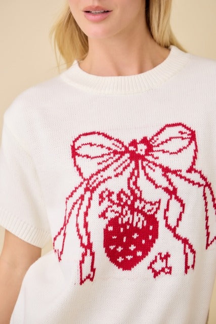 Strawberry Bow Boxy Sweater Knit Short Sleeve Top - Main Strip - RARA Boutique 