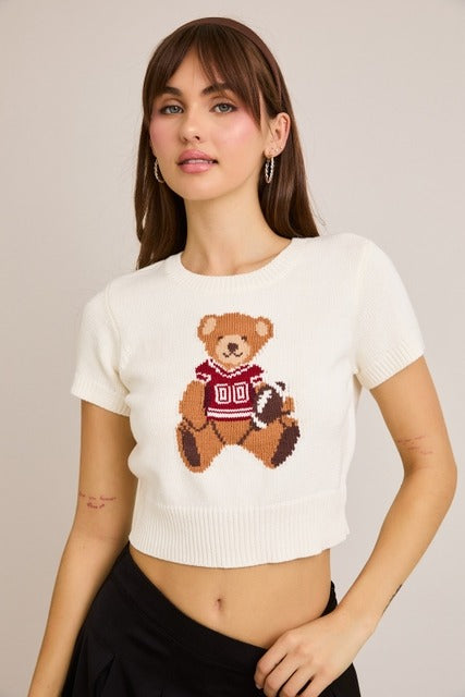 Short Sleeve Football Teddy Bear Sweater Crop Top - Le Lis - RARA Boutique 