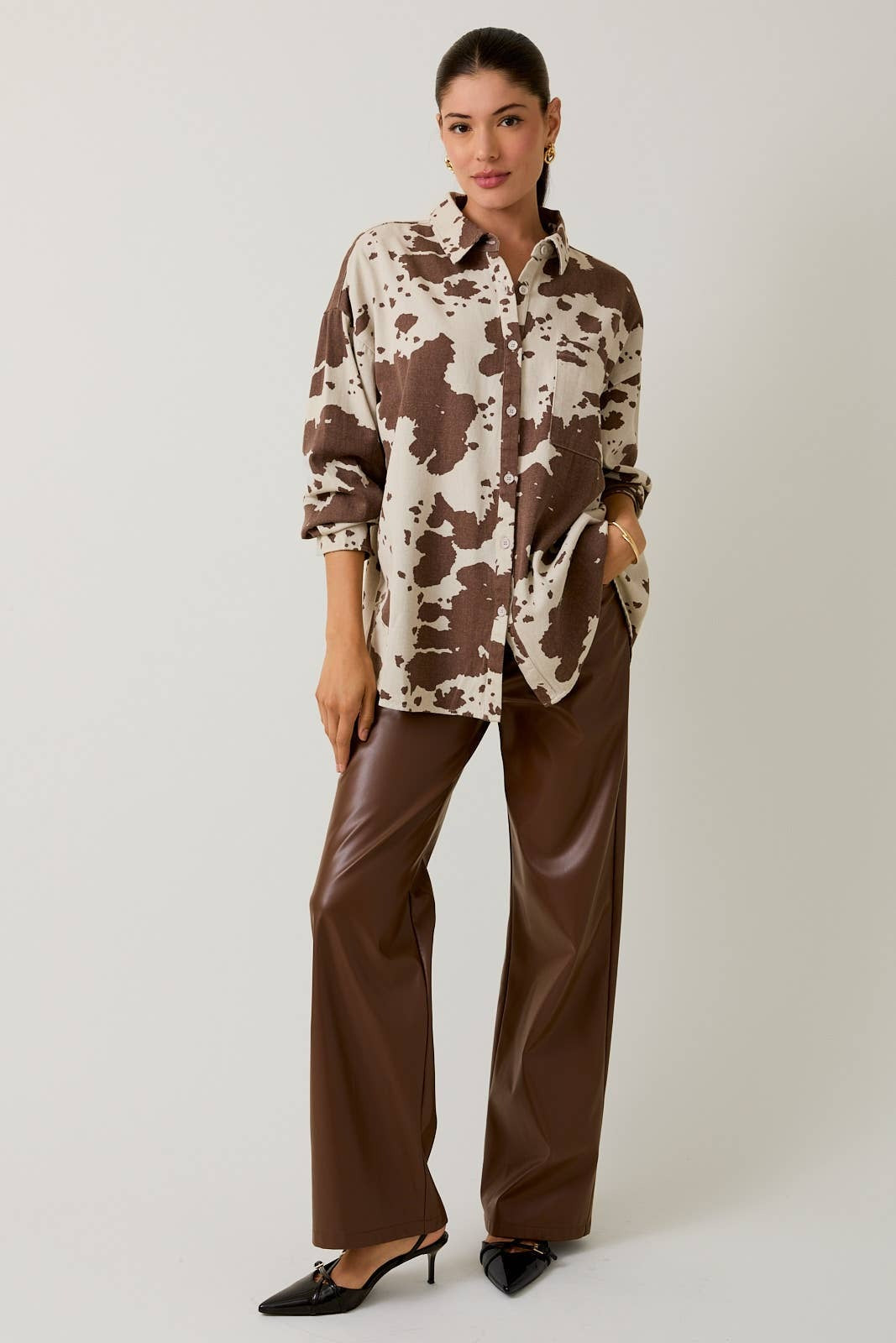 Oversized Cow Print Denim Long Sleeve Button Down Shirt - Sunday Edition - RARA Boutique 