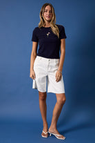 Embroidered American Flag Martini Cocktail Ribbed Baby Tee by RARA Boutique, featuring patriotic flag design on a casual shirt.