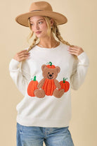 Textured Pumpkin Teddy Bear Embroidered Patchwork Sweater - Main Strip - RARA Boutique 