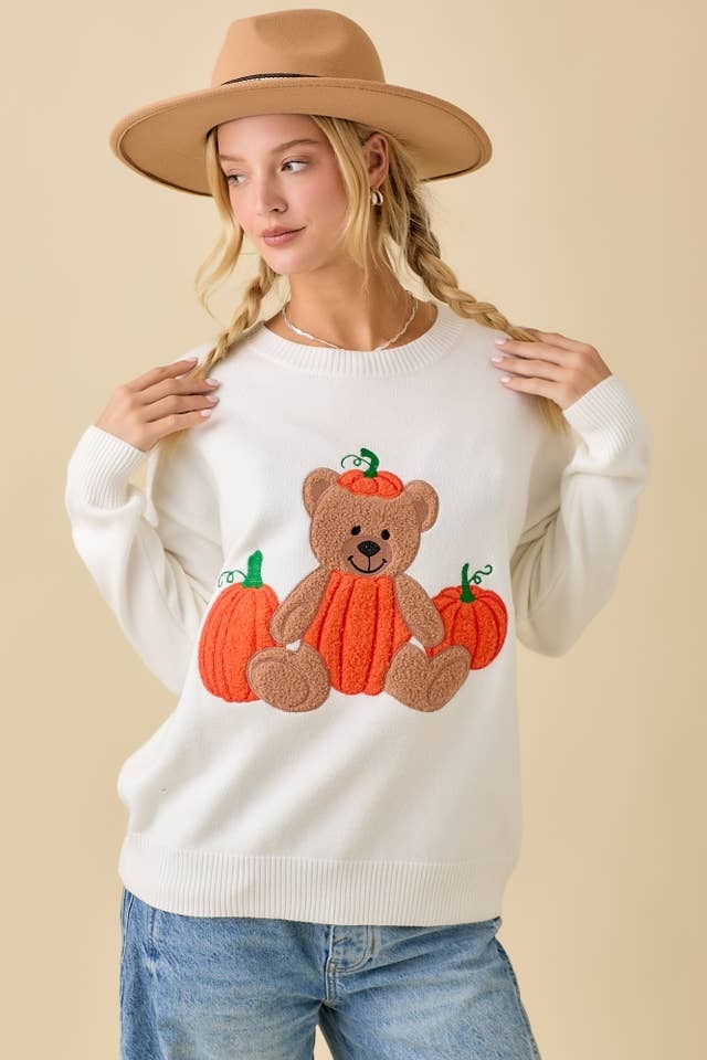 Textured Pumpkin Teddy Bear Embroidered Patchwork Sweater - Main Strip - RARA Boutique 